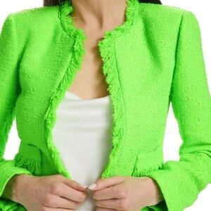 L'AGENCE Green Cropped Blazer with Textured Fabric and Frayed Trim